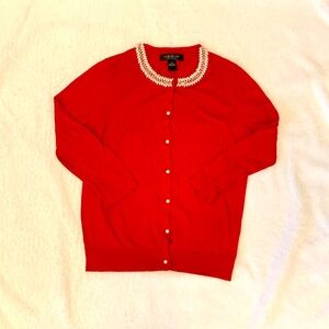 August Silk Women’s Cardigan pearl neckline size M Red